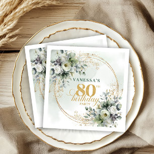 Romantic Greenery Gold 80th Birthday Party Napkins
