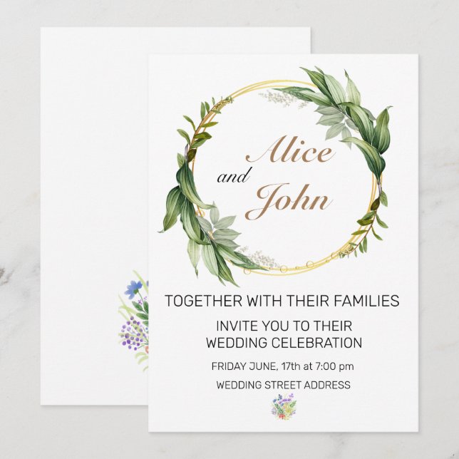  Romantic Greenery Green and Gold Frame  Invitation (Front/Back)