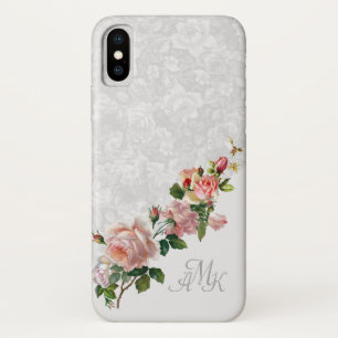 Romantic Grey Floral with Pink Roses and Monogram Case-Mate iPhone Case