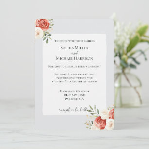 Romantic Grey Red Cream Roses Wedding Invitation
