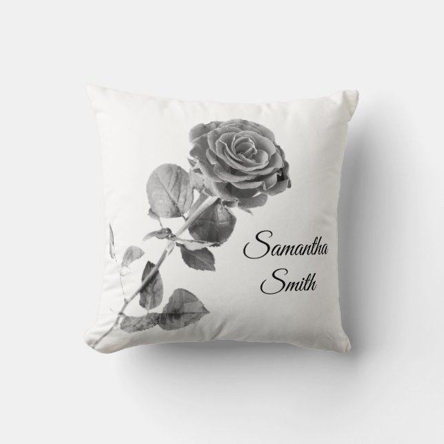 Romantic Grey Rose With Name Throw Pillow (Front)