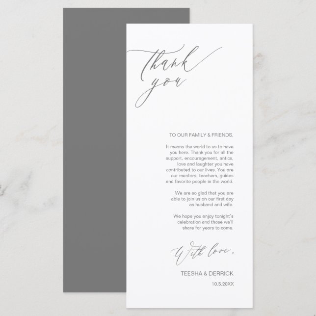 Romantic Grey Script Place Setting Thank You Card (Front/Back)