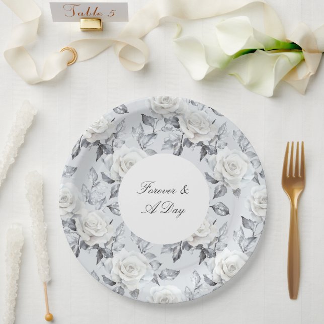 Romantic Grey Silver White Rose Floral Wedding Paper Plate (Wedding)