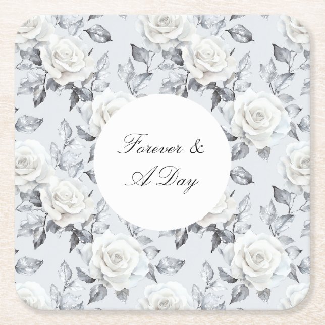 Romantic Grey Silver White Rose Floral Wedding Square Paper Coaster (Front)