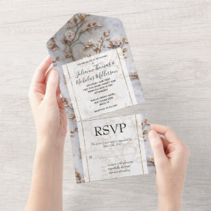 Romantic Grey White Blush Roses Wedding All In One Invitation