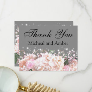 Romantic grey & white lace hydrangeas pink roses thank you card