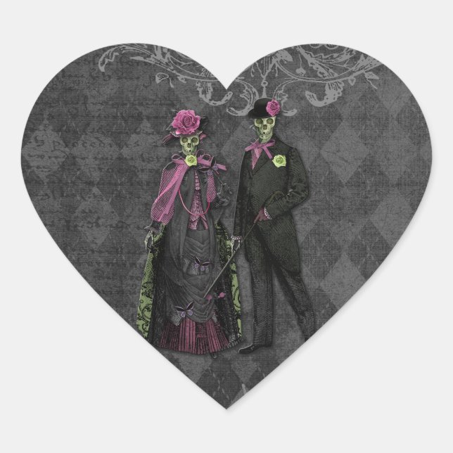 Romantic Halloween Skeleton Couple Heart Sticker (Front)