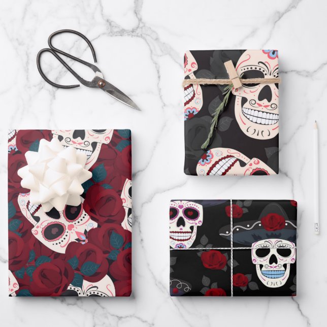 Romantic Halloween Sugar Skull Mexican Wrapping Paper Sheet (Front)
