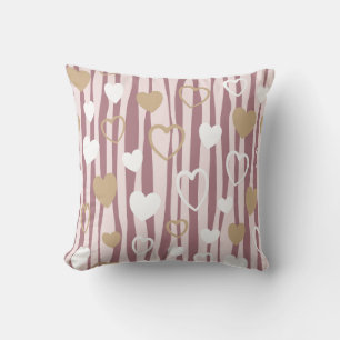 Romantic Hand-Drawn Hearts & Organic Stripes Throw Pillow