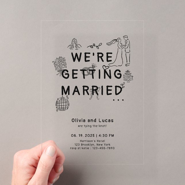 Romantic Hand Drawn Whimsical Black Wedding Acrylic Invitations (Insitu (Handheld))