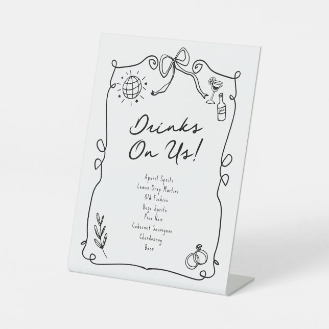 Romantic Hand Drawn Whimsical Wedding Black Pedestal Sign (Front)