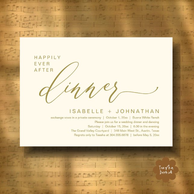 Romantic Happily Ever After Dinner Elopement Party Invitation (Romantic Modern Happily Ever After Party Elopement Dinner Invitation Card PDF in Classy Yellow Gold)