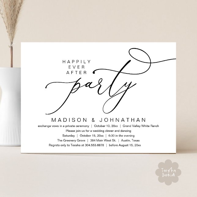 Romantic Happily Ever After Party, Wedding Dinner Invitation (Happily Ever After Party, Romantic Wedding Dinner Invitation Card PDF aesthetic Classy White Black)