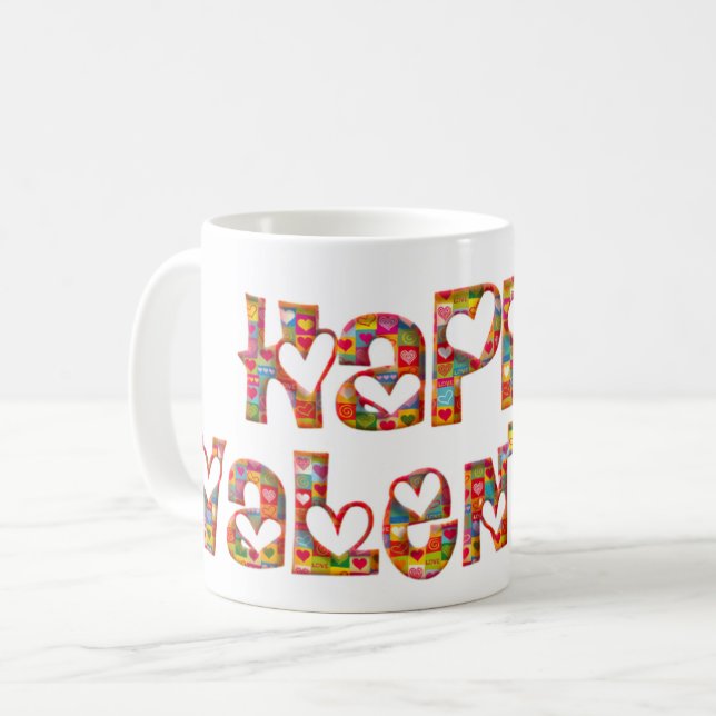 Romantic Happy Valentine Love Hearts Typography Coffee Mug (Front Left)