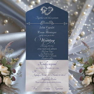 Romantic Heart & Calligraphy - Blue/Silver All In One Invitation