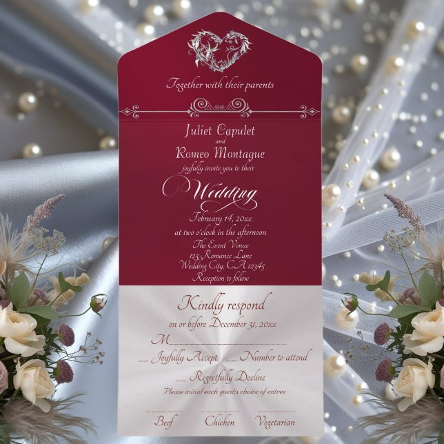 Romantic Heart & Calligraphy - Burgundy/Silver All In One Invitation (Creator Uploaded)