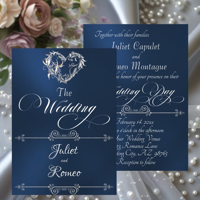 Romantic Heart & Calligraphy on Blue - Wedding Invitation (Creator Uploaded)