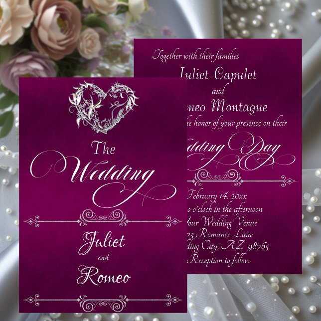 Romantic Heart & Calligraphy on Plum - Wedding Invitation (Creator Uploaded)