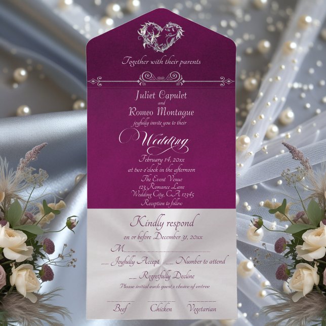 Romantic Heart & Calligraphy - Purple/Silver All In One Invitation (Creator Uploaded)