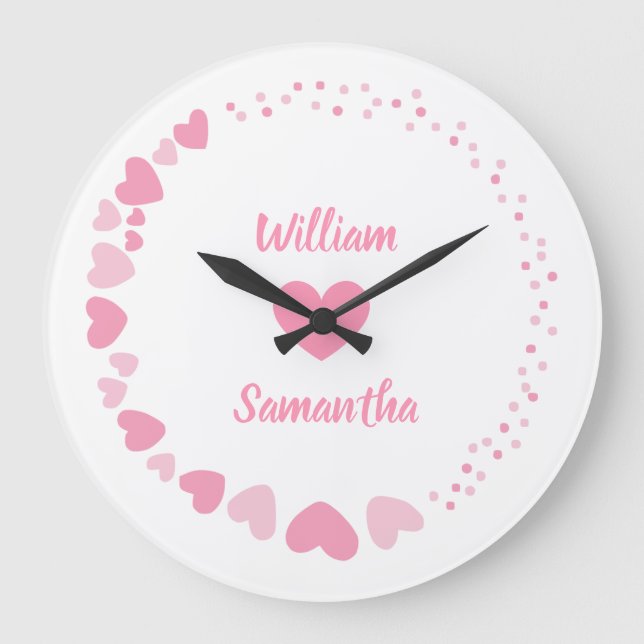 Romantic Heart custom Couple Name Love white  Large Clock (Front)