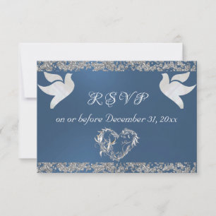Romantic Heart, Doves & Glitter - Blue RSVP Card
