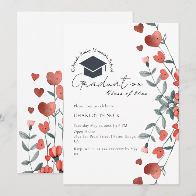 Romantic Heart Floral Spring Graduation Invitation (Front/Back)