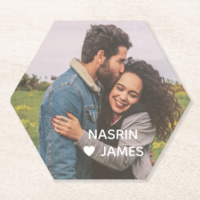 Romantic Heart Frame Custom Couple Photo Paper Coaster (Front)