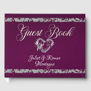 Romantic Heart & Glitter on Plum Guest Book