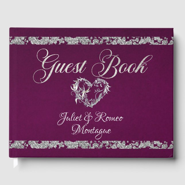 Romantic Heart & Glitter on Plum Guest Book (Front)