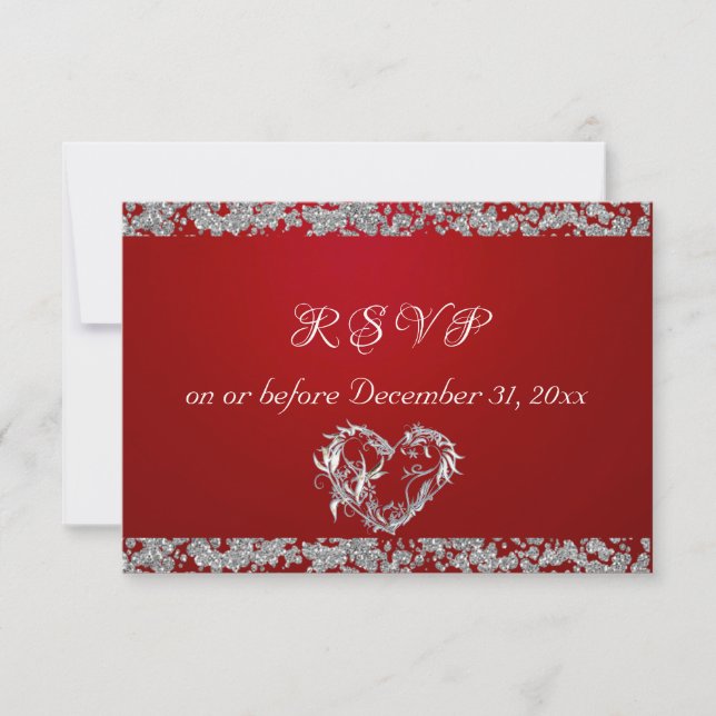 Romantic Heart & Glitter on Red RSVP Card (Front)