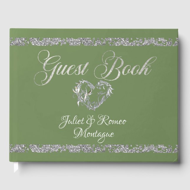 Romantic Heart & Glitter on Sage Guest Book (Front)