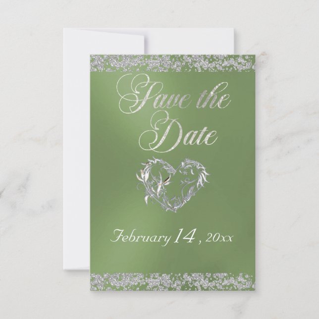 Romantic Heart & Glitter on Sage Save The Date (Front)