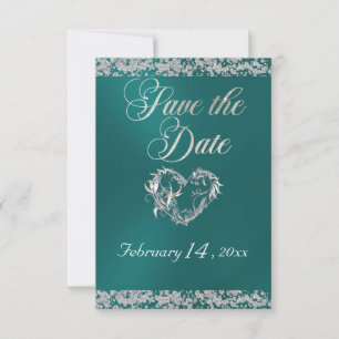 Romantic Heart & Glitter on Teal Save The Date