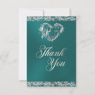 Romantic Heart & Glitter on Teal Thank You Card