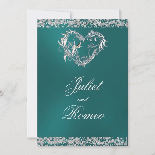 Romantic Heart & Glitter on Teal Wedding Invitation (Front)