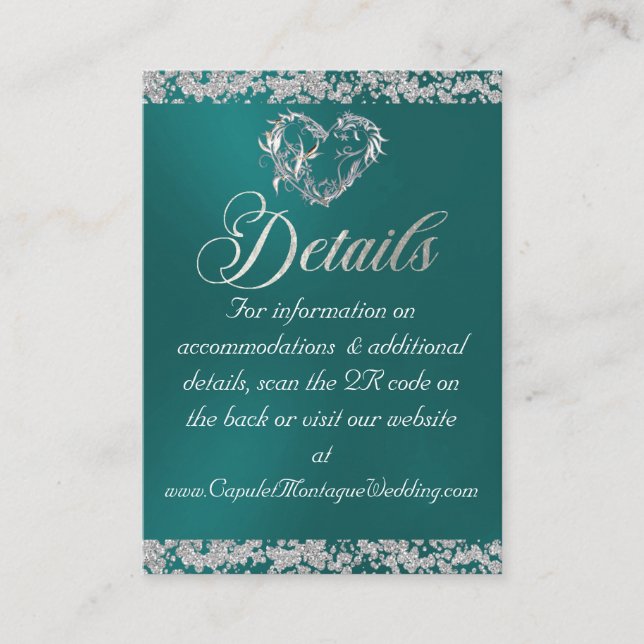 Romantic Heart & Glitter, QR Code on Teal Enclosure Card (Front)