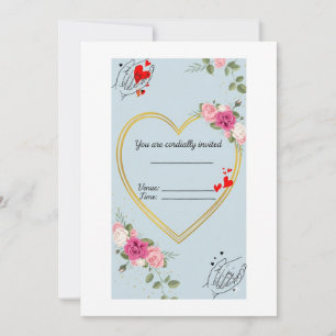 Romantic Heart Gold Frame Wedding Invitation with 