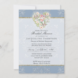 Romantic Heart Lace Dusty Blue Pink Bridal Shower Invitation