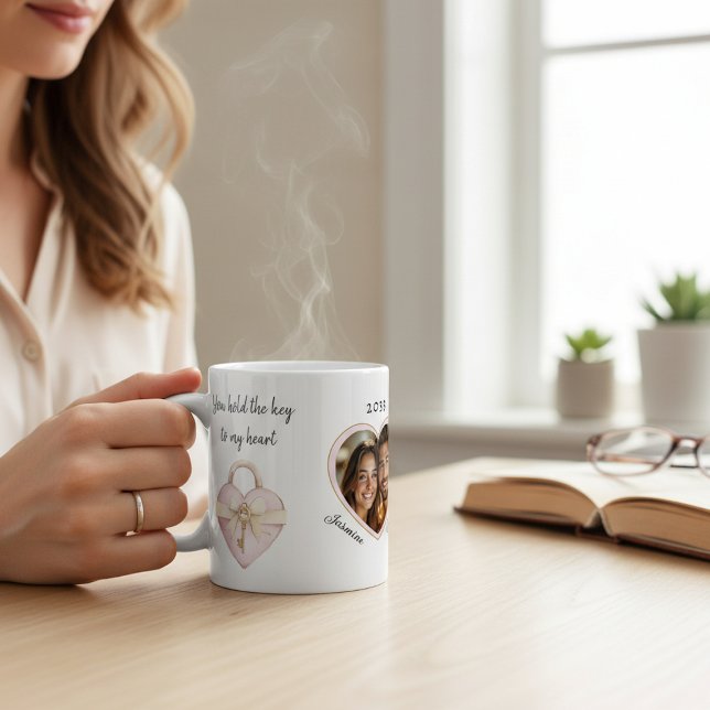 Romantic Heart Lock Couple Photo Mug (Créateur téléchargé)