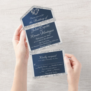 Romantic Heart, Ribbon & Glitter on Blue All In One Invitation