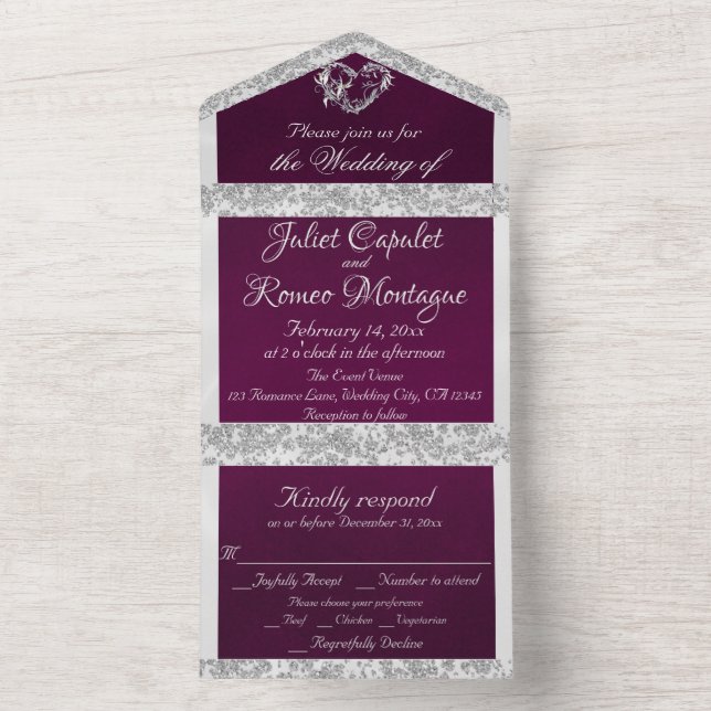 Romantic Heart, Ribbon & Glitter on Plum All In One Invitation (Inside)