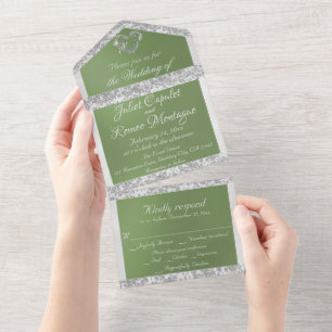 Romantic Heart, Ribbon & Glitter on Sage Green All In One Invitation