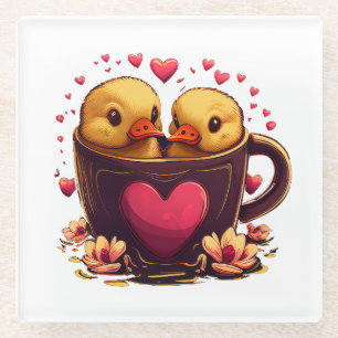 Romantic Heart-Shaped Duck Couple, Valentine's Day Glass Coaster