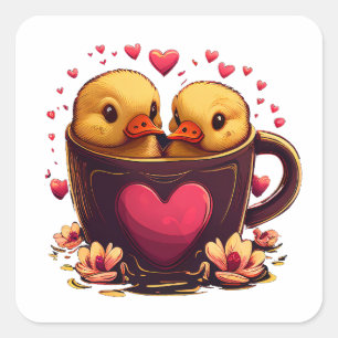 Romantic Heart-Shaped Duck Couple, Valentine's Day Square Sticker