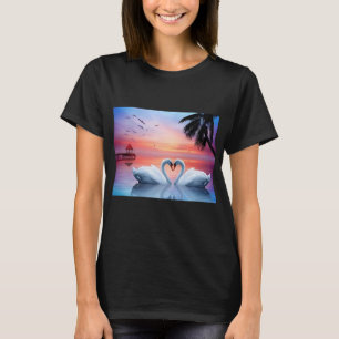 Romantic Heart Swans Tropical Sunset Paradise T-Shirt