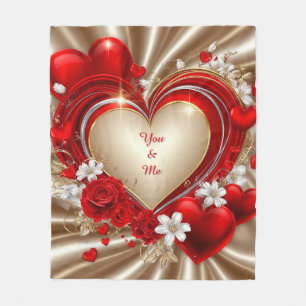 Romantic Heart Theme With Red Roses Fleece Blanket