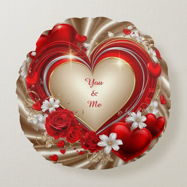 Romantic Heart Theme With Red Roses Round Pillow (Front)