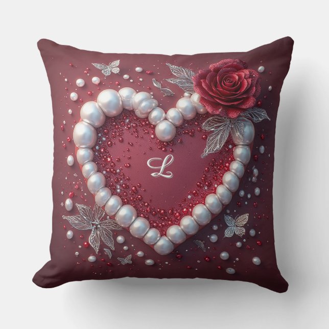 Romantic Heart With Pearl Border Throw Pillow (Front)