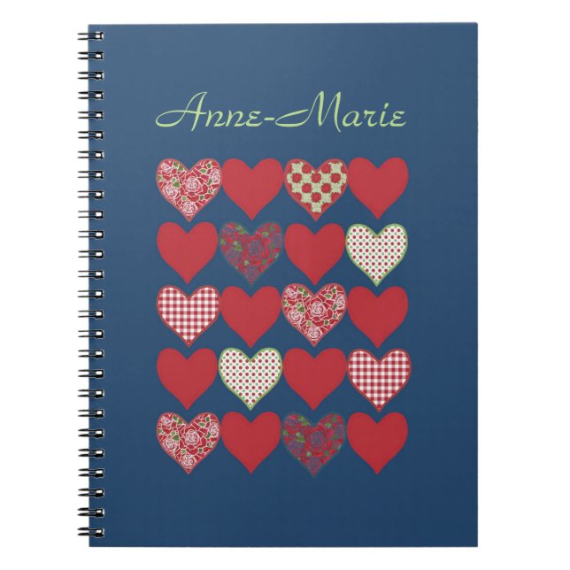 Romantic Hearts and Roses on Blue Spiral Notebook (Front)