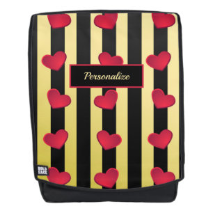 Romantic Hearts Black & Gold Stripes Personalize Backpack